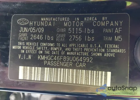 2009 Hyundai Genesis 4.6 from USA, damaged, VIN KMHGC46F89U064992
